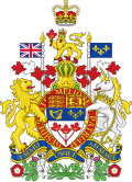 Official coat of arms of Canada featuring lion, unicorn, shield, crown, and maple leaves.